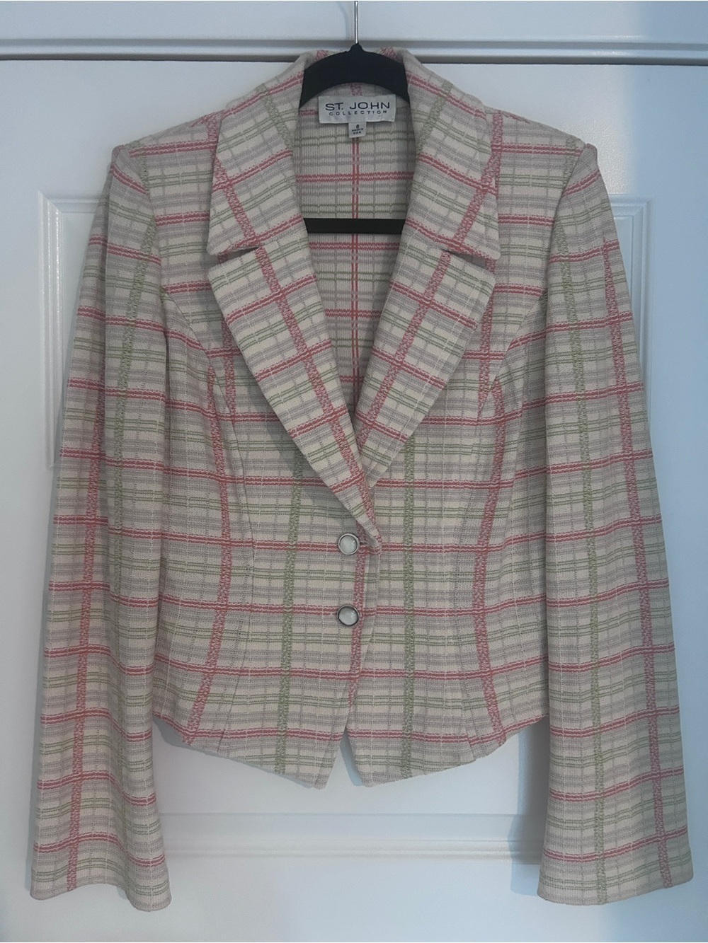 St. John Collection Vintage Plaid Santana Knit Blazer Jacket Pink Green US 8